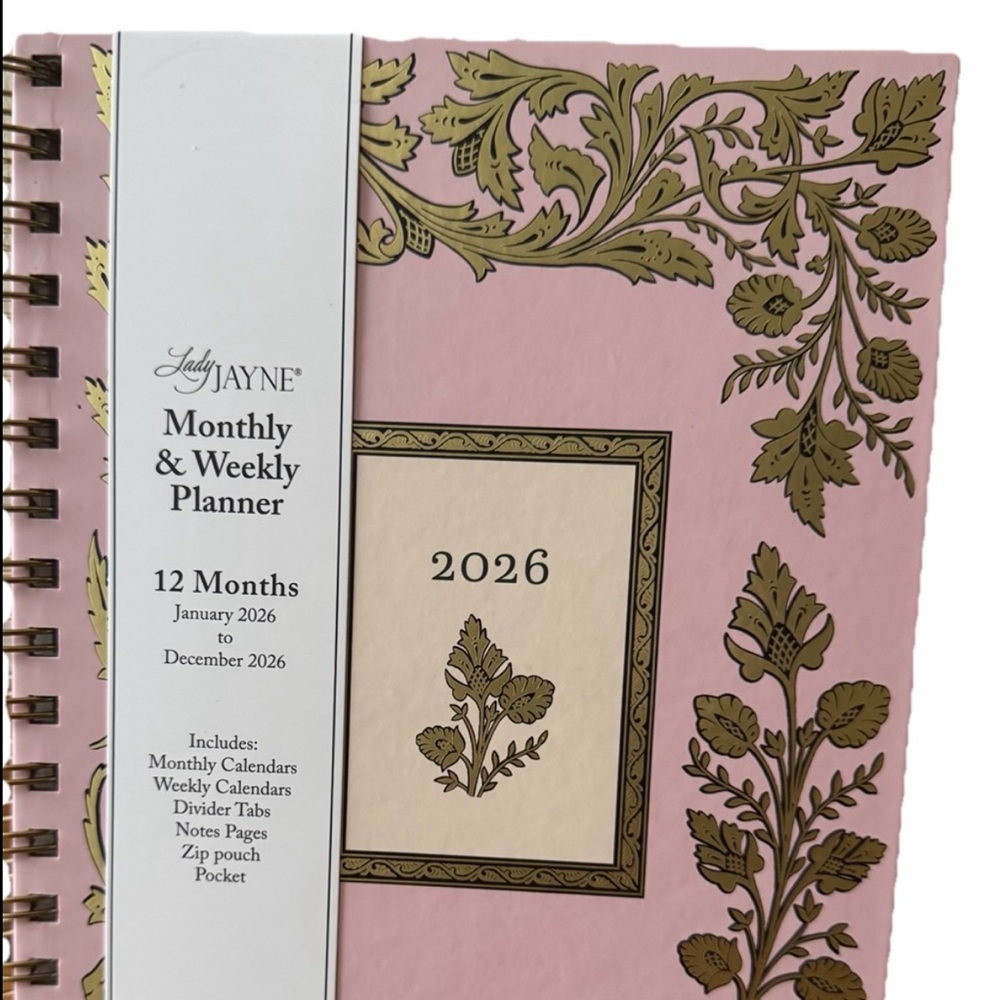 Lady Jayne 2026 Monthly & Weekly Planner  January- Dec 2026- Peach Pink 9x7”